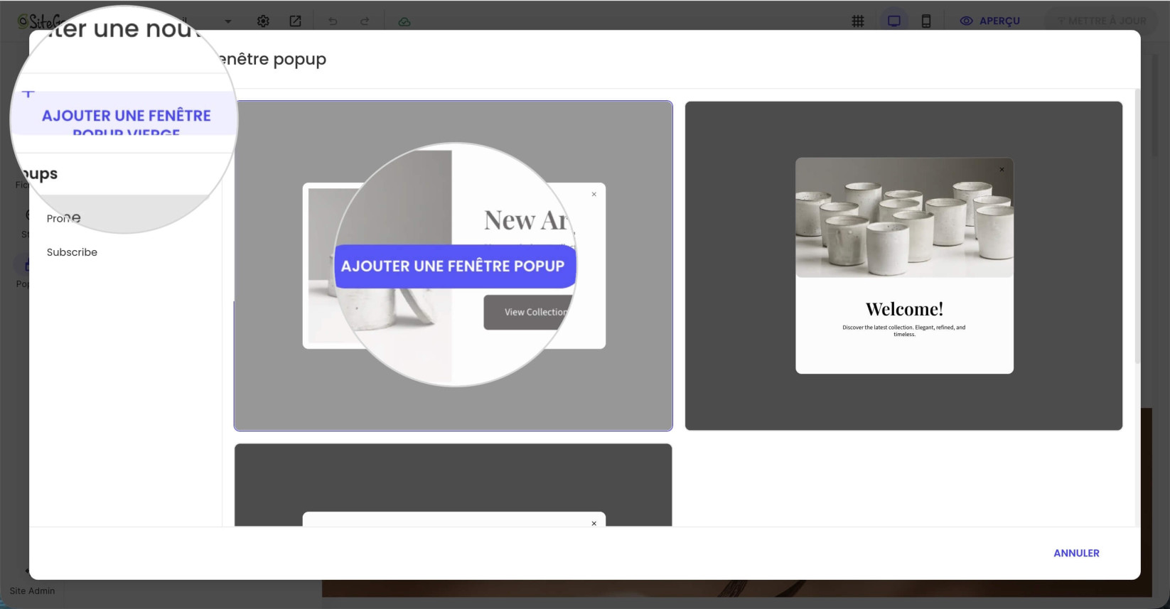 Une fenêtre où vous pouvez sélectionner un modèle de mise en page de popup ou commencer à partir de zéro