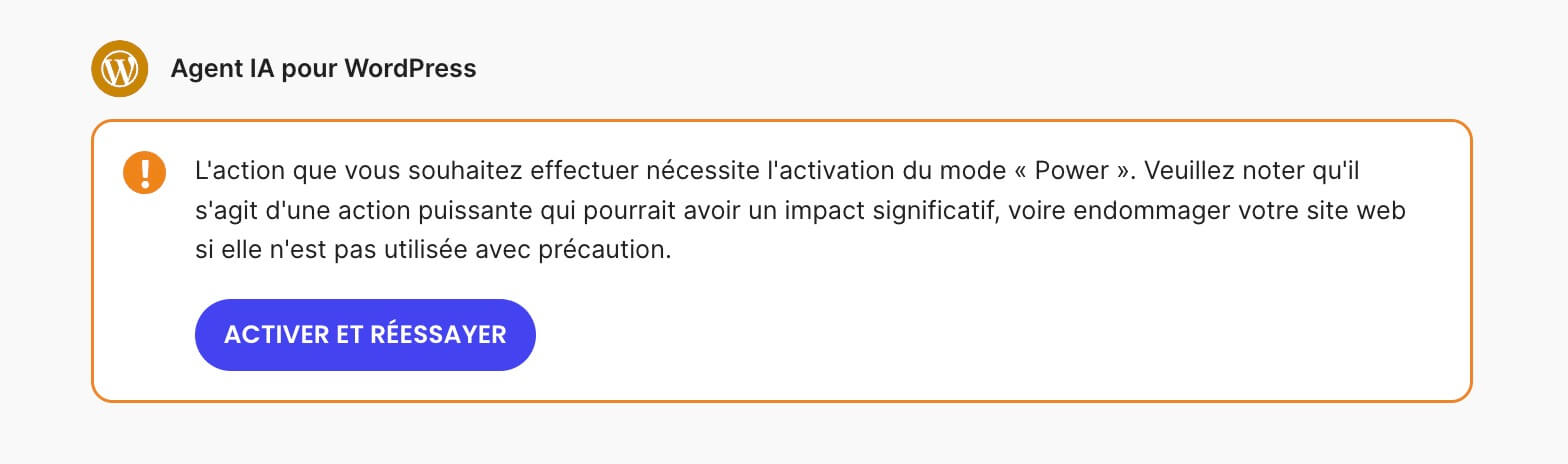 Capture d’écran d’un message de chat dans l’interface AI Studio où l’agent IA pour WordPress invite l’utilisateur à activer le mode Power.