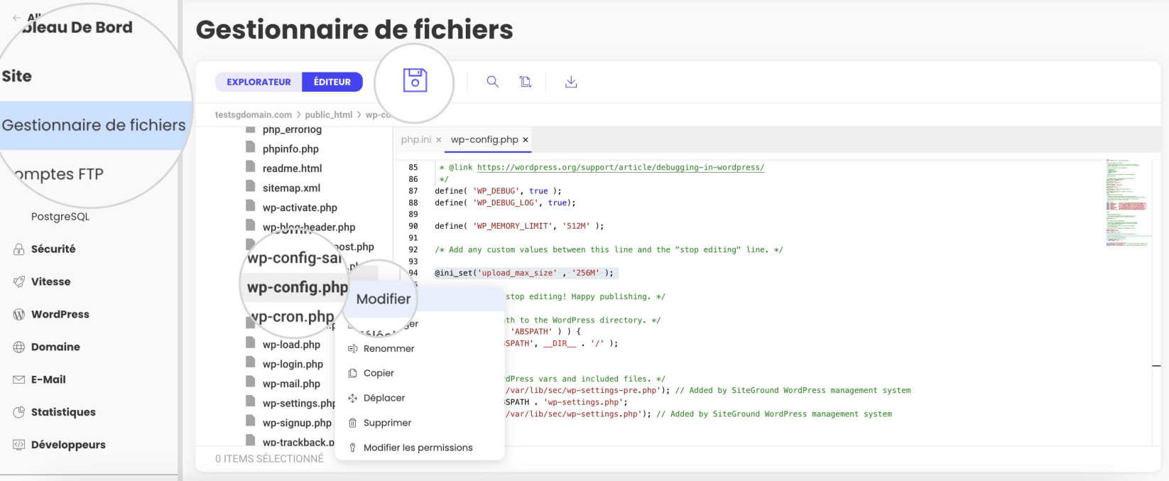 Capture d'écran montrant comment modifier le fichier wp-config.php via le gestionnaire de fichiers
