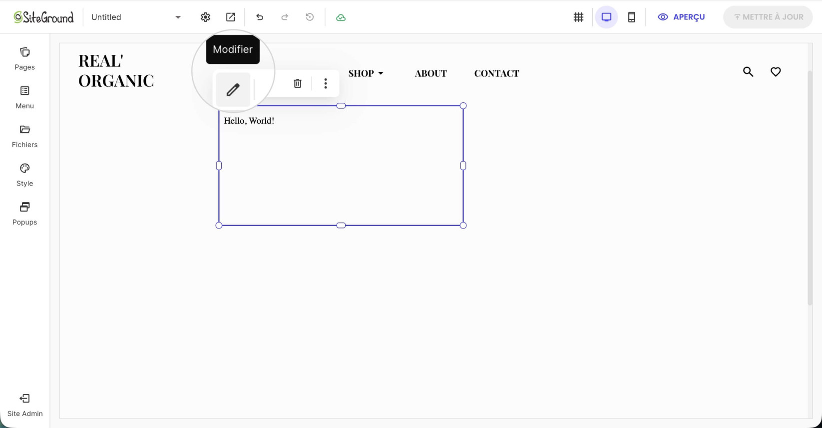 Une barre d'outils de composant qui apparaît lorsqu'un composant est sélectionné. L'icône Edit (crayon) est sélectionnée