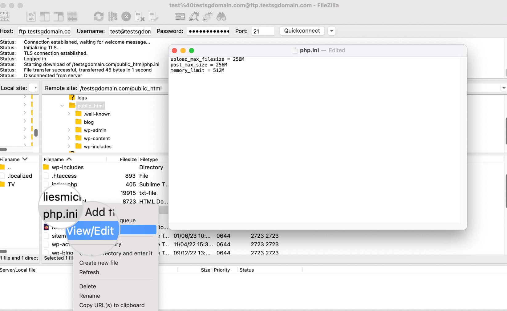 Capture d'écran montrant la modification du php.ini via FTP L'accès pour résoudre le problème : le fichier envoyé dépasse la directive max_upload_filesize dans le php.ini