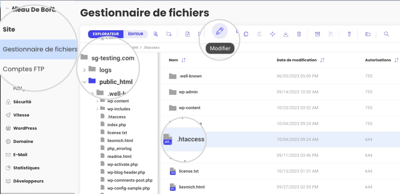 Comment modifier .htaccess avec le Gestionnaire de fichiers dans les outils du site