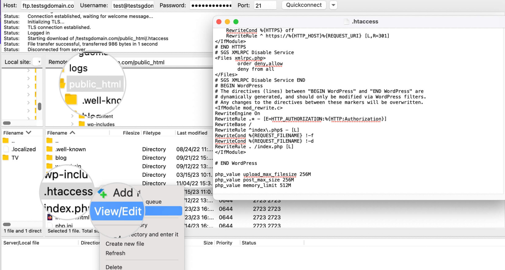 Capture d’écran montrant comment modifier le fichier .htaccess via FTP pour corriger la valeur « upload_max_filesize »