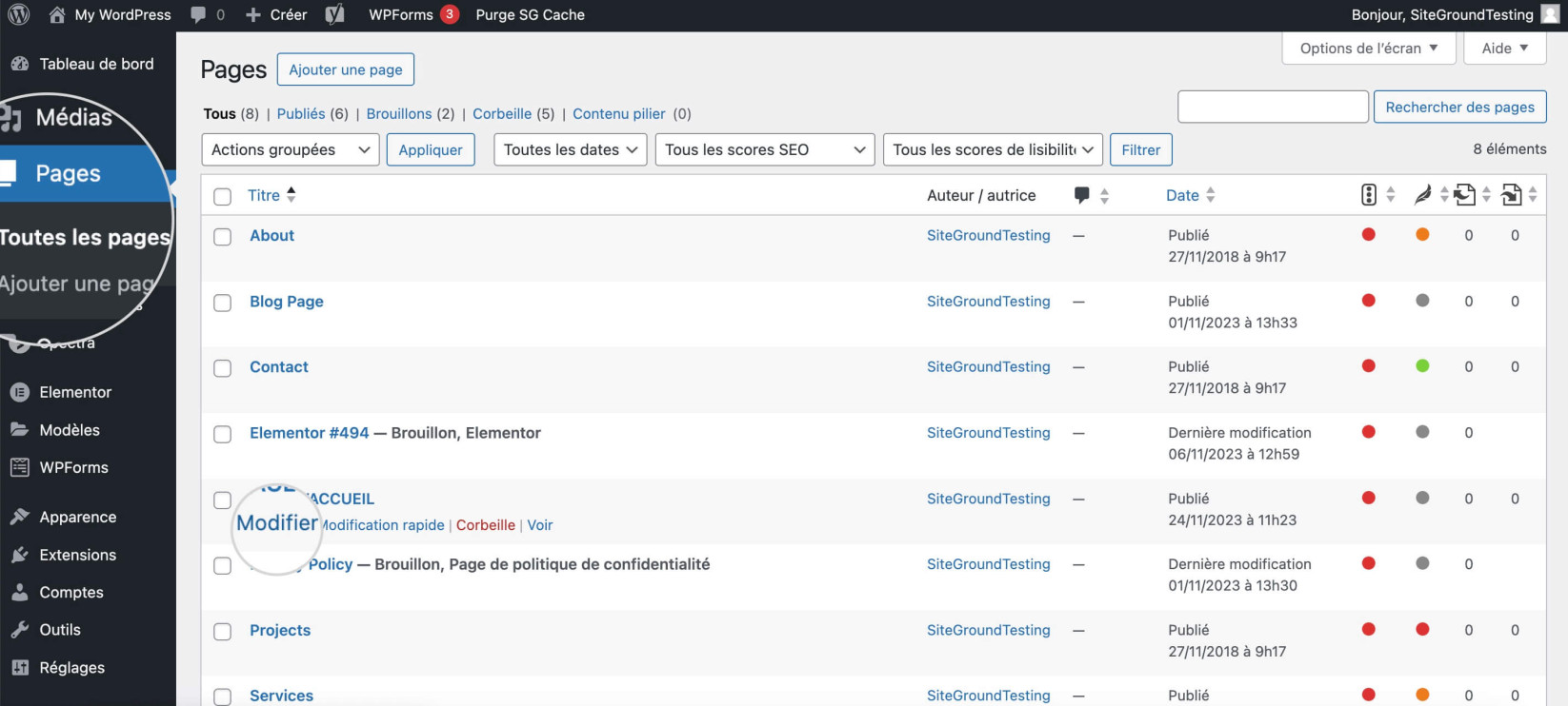 Capture d’écran montrant comment modifier votre page d’accueil avec l’éditeur de page WordPress
