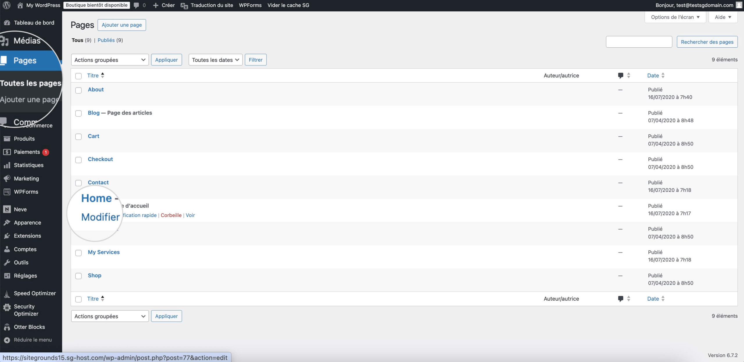 Modification d'une page WordPress dans TranslatePress pour les traductions manuelles.