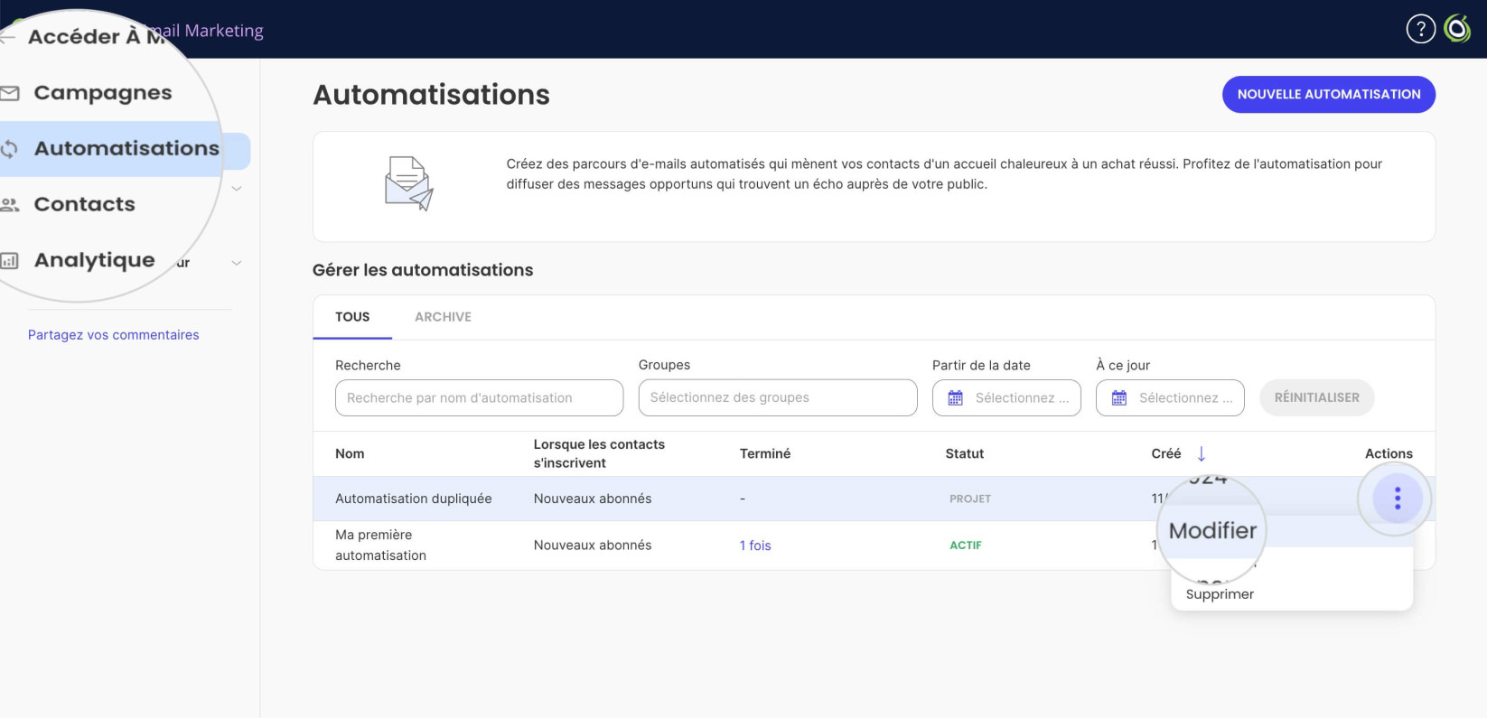 Modification d'une automatisation dupliquée dans le Marketing par e-mail