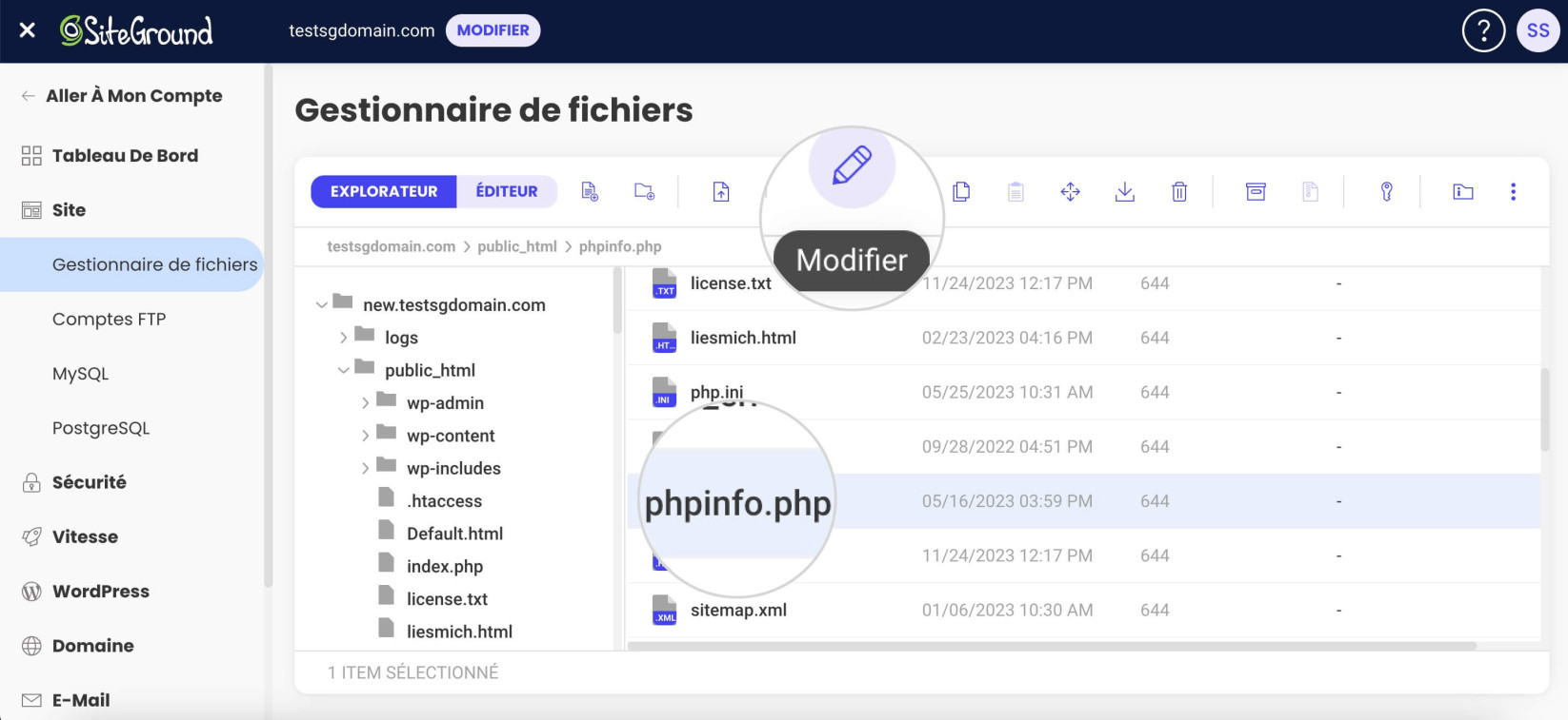 Capture d'écran illustrant comment modifier le fichier phpinfo.php