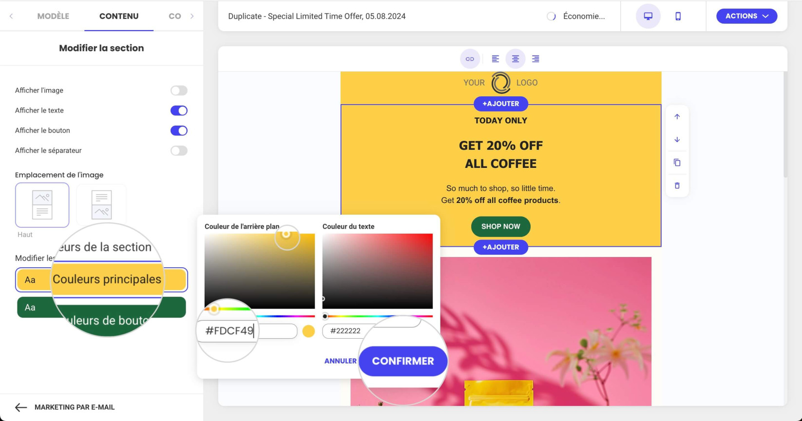 Modification des couleurs principales d'une section dans le Marketing par e-mail