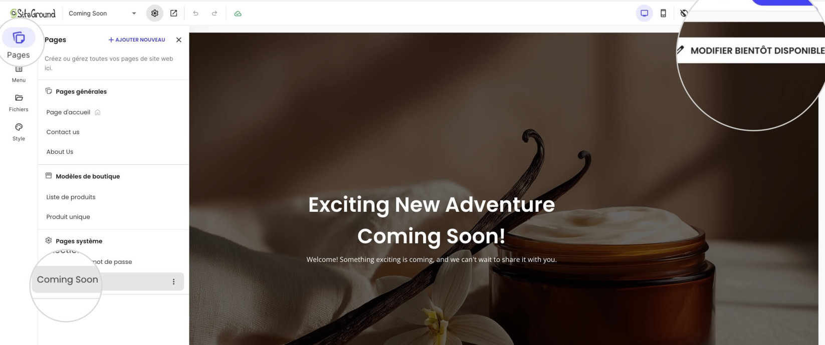 Bouton Modifier Coming Soon dans Website Builder pour modifier le statut du site