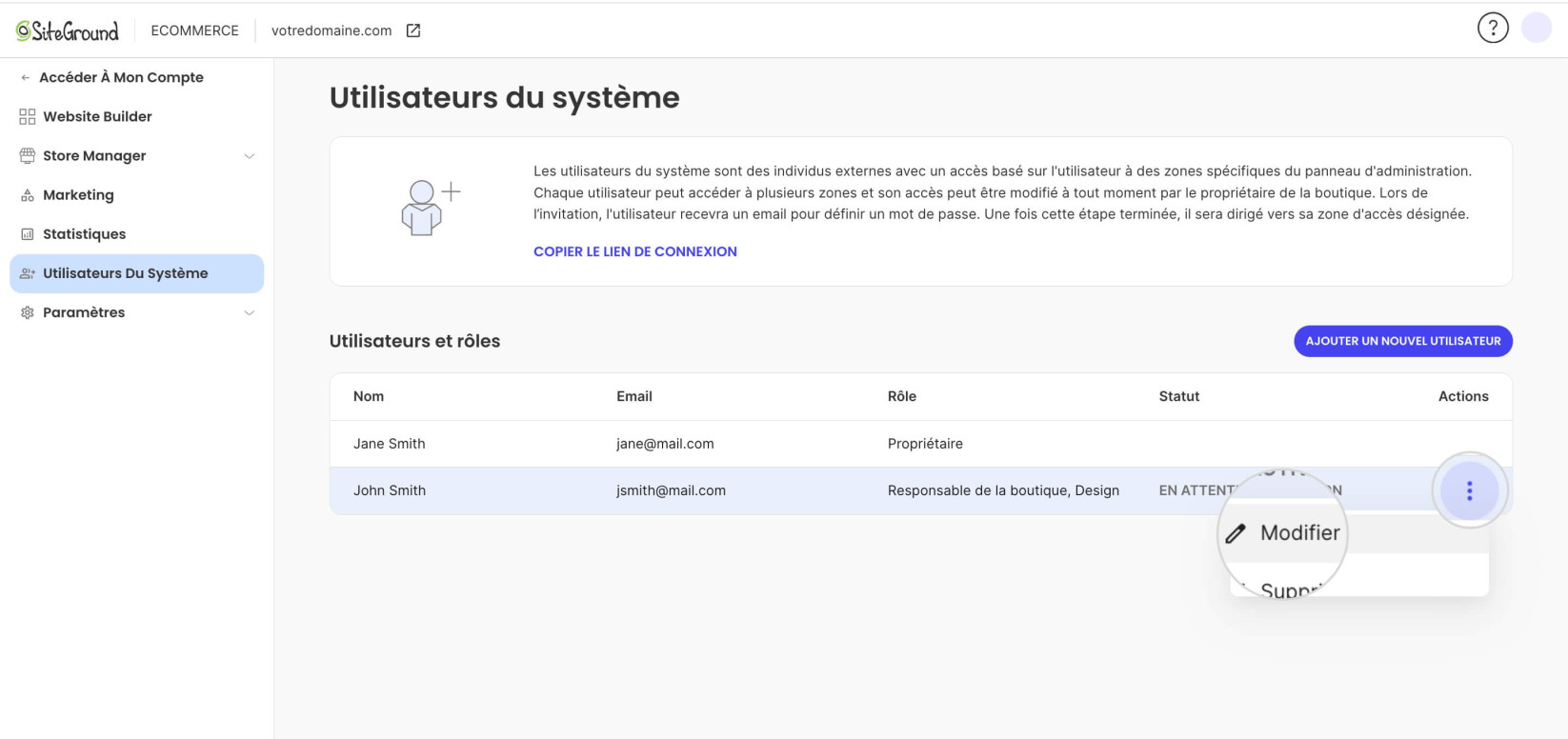 Section Utilisateurs du système dans Ecommerce affichant le bouton Modifier du menu Actions pour un utilisateur unique