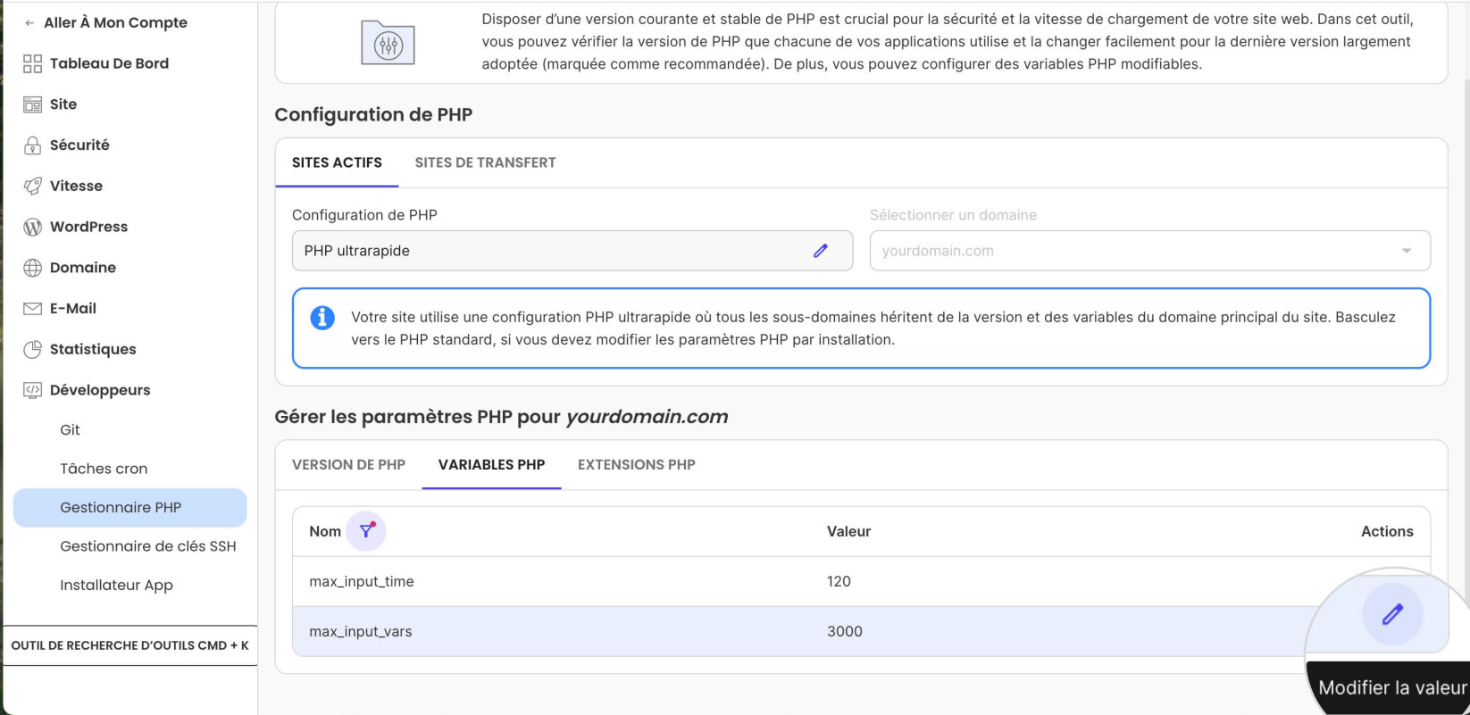 Bouton Modifier la valeur pour éditer les variables PHP dans Site Tools 
