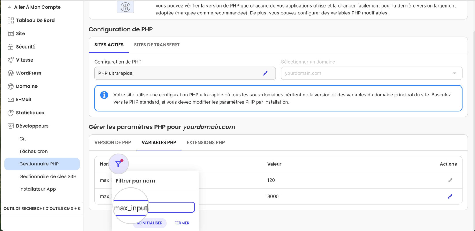 Fonction de filtre dans PHP Manager dans Site Tools qui vous permet de rechercher une variable PHP spécifique 