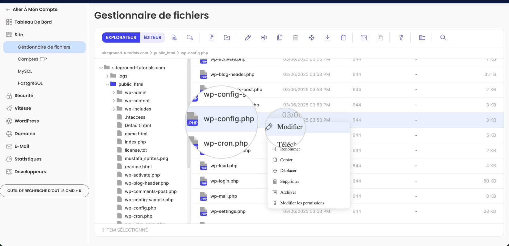 Modifier wp-config.php dans le Gestionnaire de fichiers
