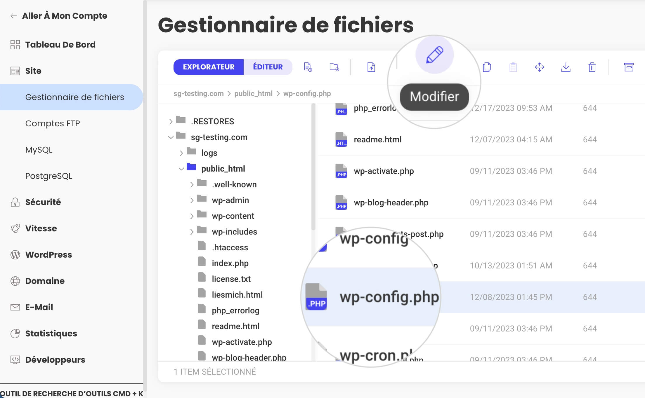 Comment modifier le fichier wp config.php avec un gestionnaire de fichiers