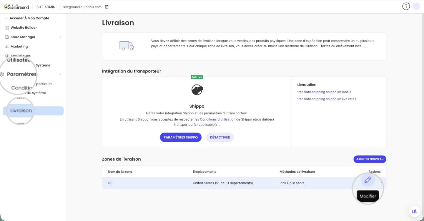 Paramètres d'expédition dans SiteGround Ecommerce où vous pouvez créer ou modifier des zones d'expédition