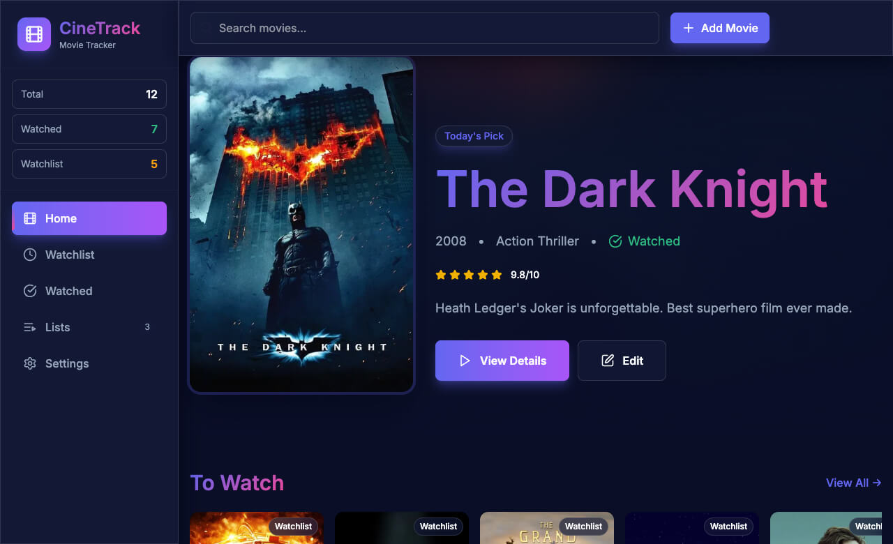 movie tracker – cinematic dashboard to organize watched and planned movies