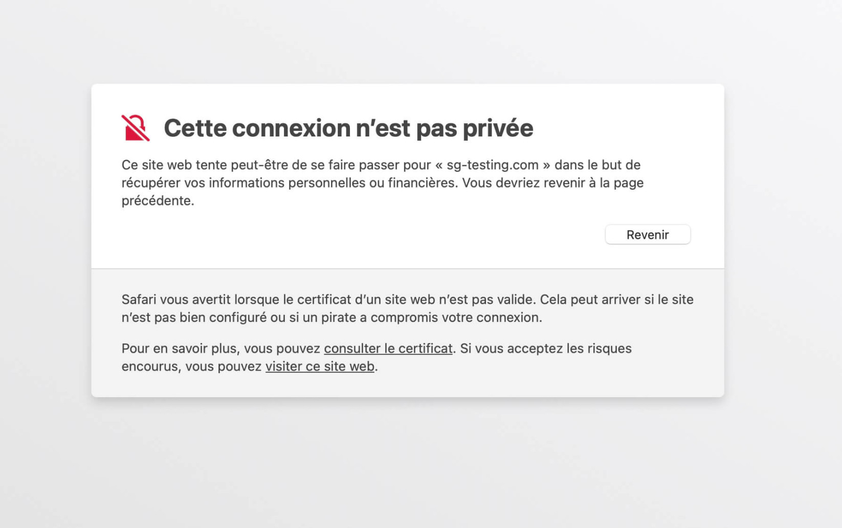 À quoi ressemble l’erreur NET::ERR_CERT_AUTHORITY_INVALID dans Safari