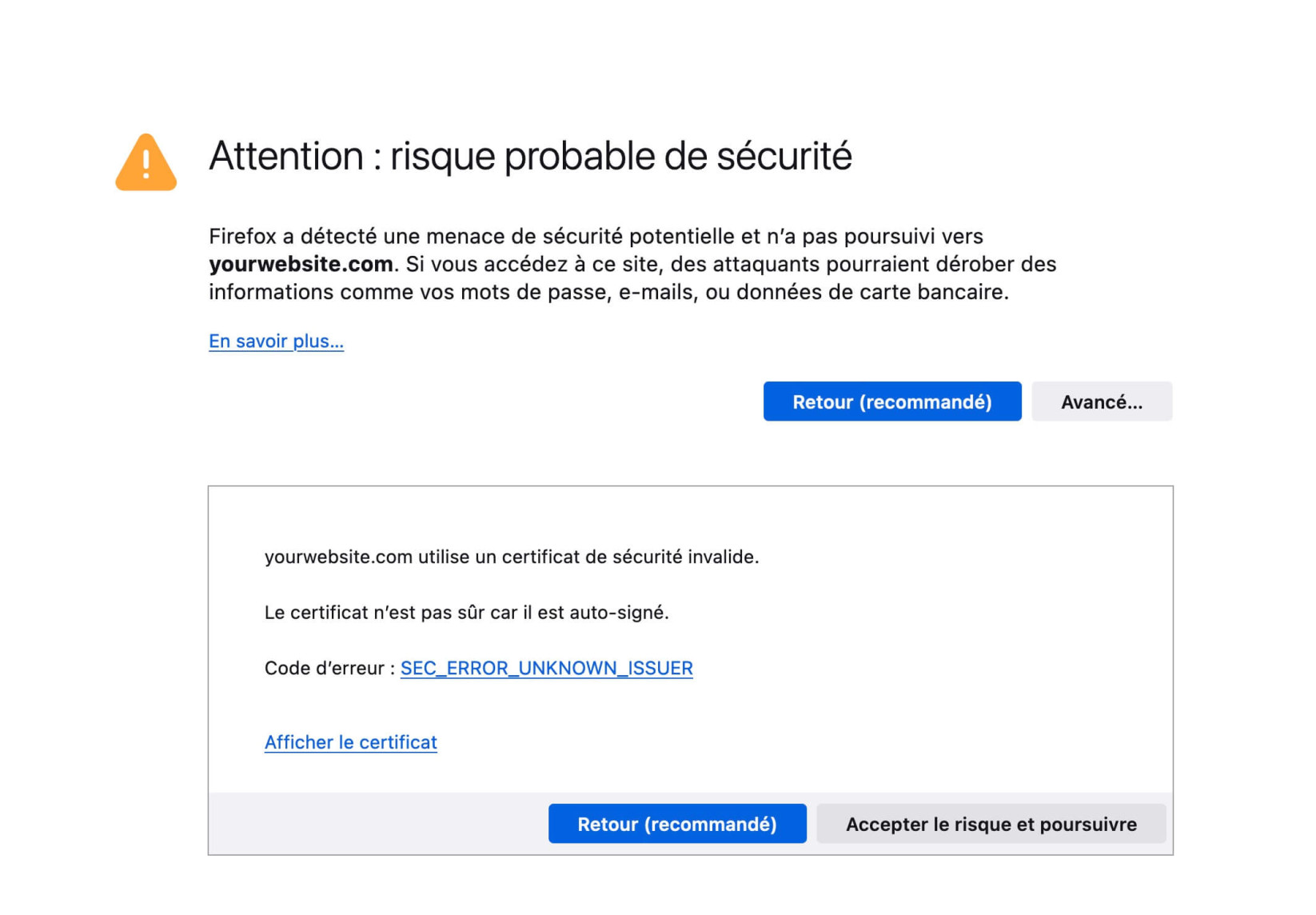 À quoi ressemble l'erreur NET::ERR_CERT_AUTHORITY_INVALID dans Mozilla Firefox