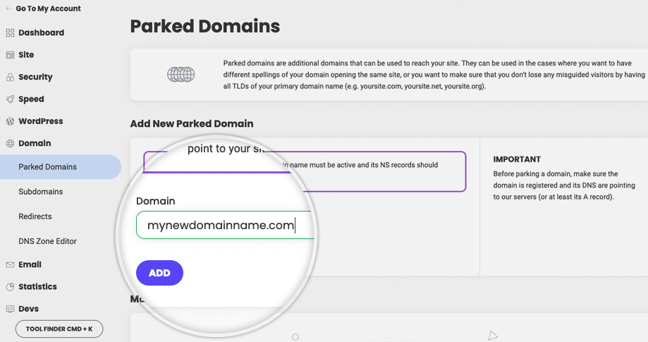 Comment ajouter un domaine garé dans Site Tools 