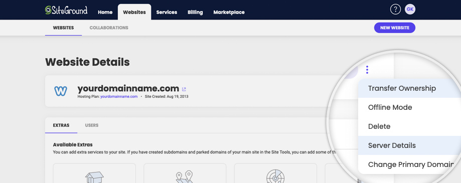 Détails du serveur pour un site web dans l'Espace Client de SiteGround 