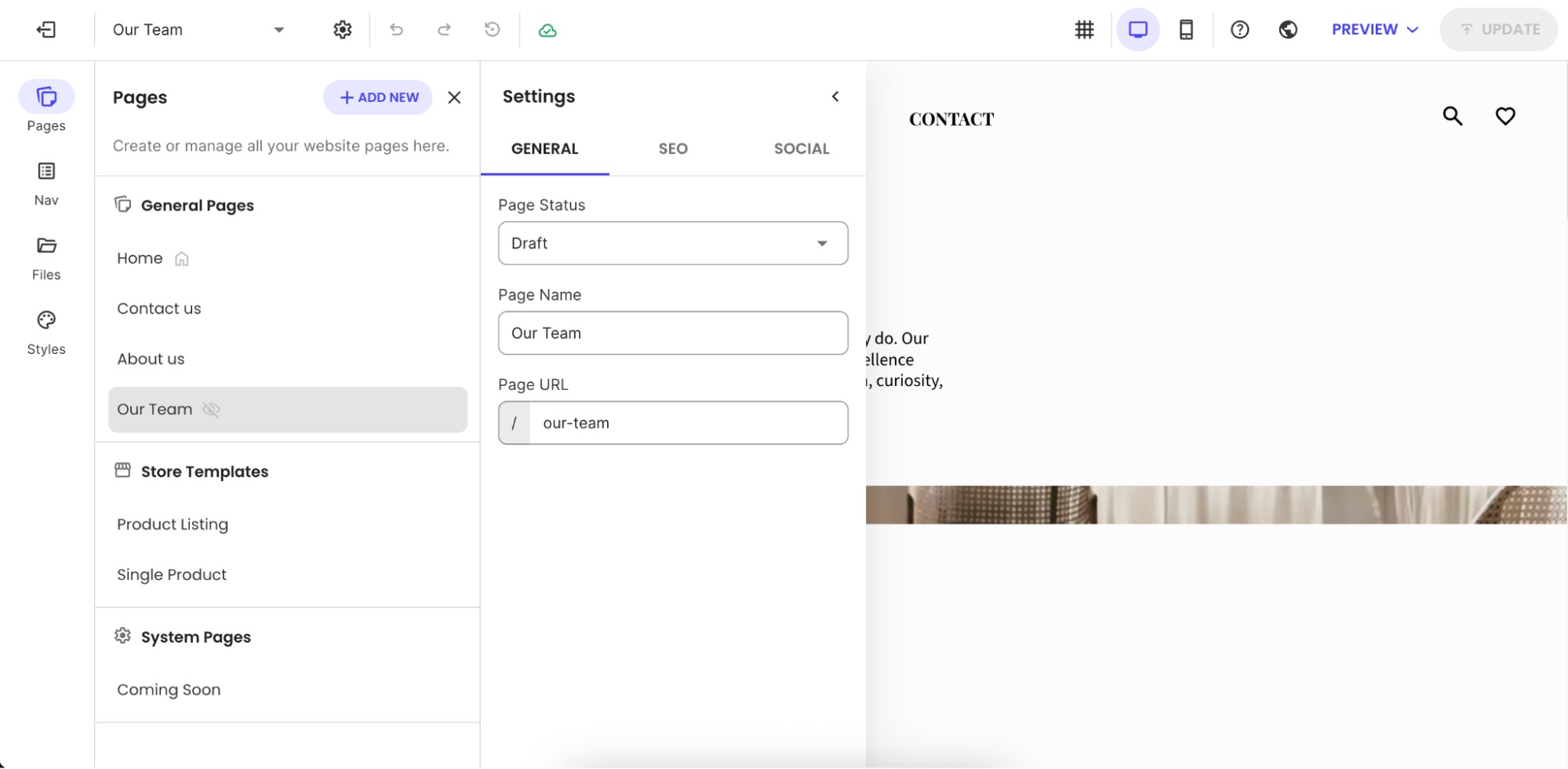 Page settings panel showing draft status, page name “Our Team,” and URL slug configuration.
