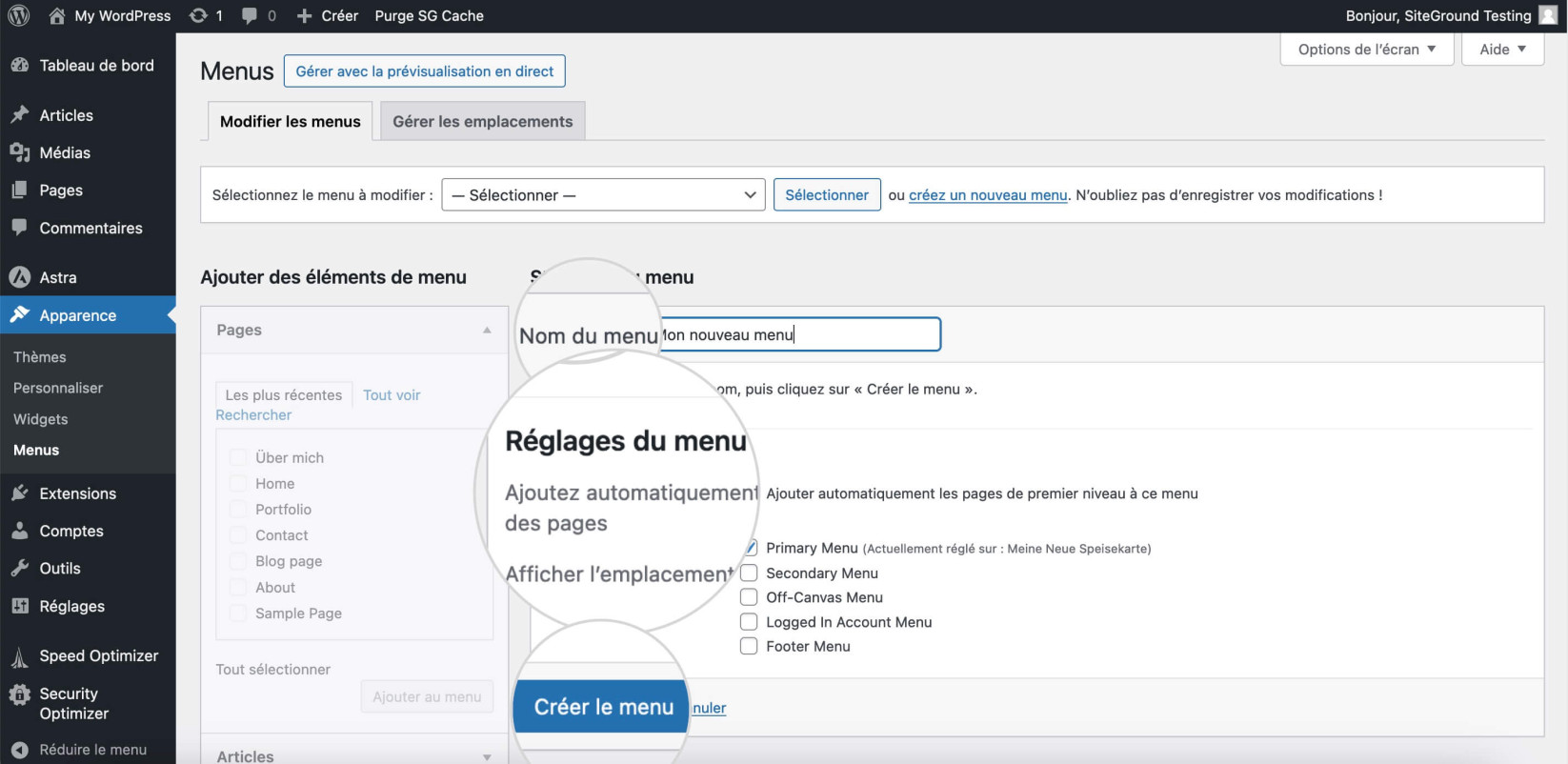 Capture d'écran montrant comment nommer votre menu et activer les paramètres de localisation
