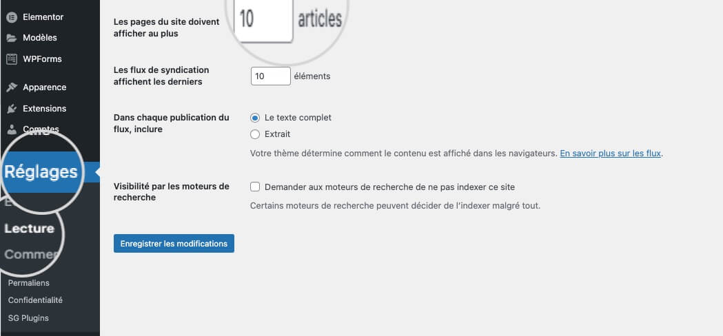 Capture d'écran montrant comment réduire le nombre de publications WordPress par page