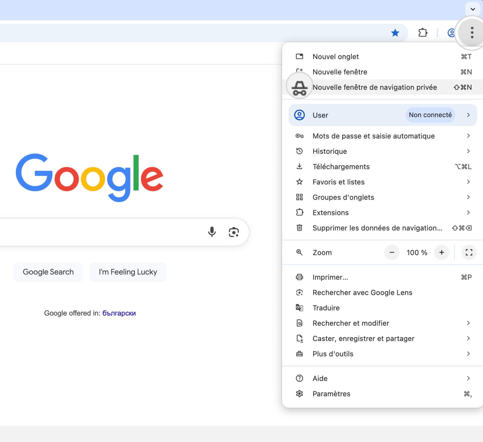 Menu à trois points de Google Chrome avec l'option surlignée pour ouvrir une nouvelle fenêtre de navigation privée 