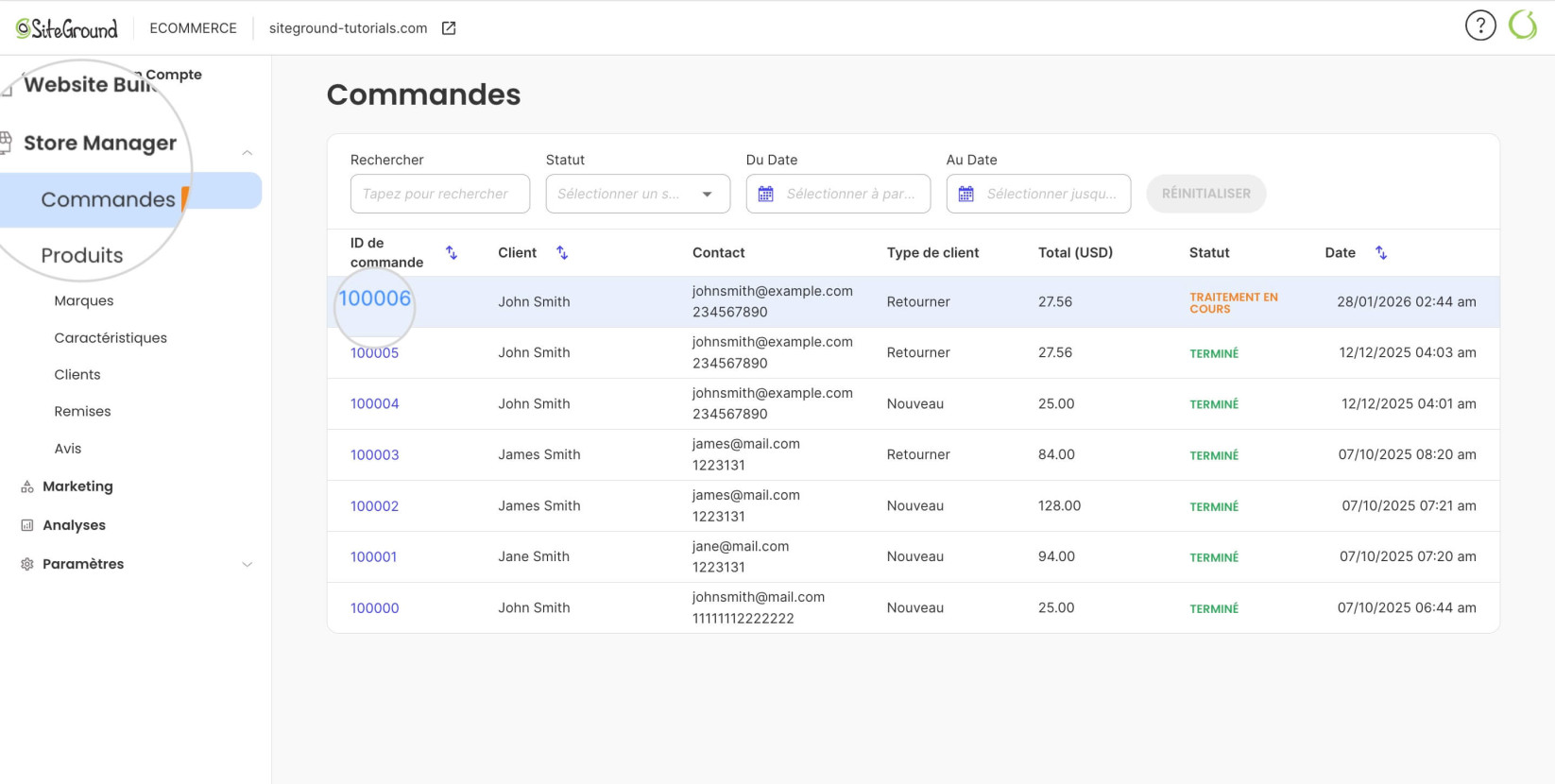 Visualisation des détails d'une commande unique en cliquant sur son numéro dans SiteGround Ecommerce