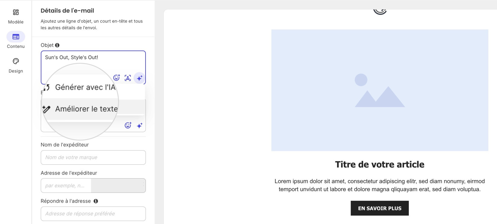 vous pouvez également utiliser l'outil IA pour améliorer les textes d'Objet et d'En-tête. Cliquez sur l'icône étincelle (✦) et sélectionnez Améliorer la rédaction