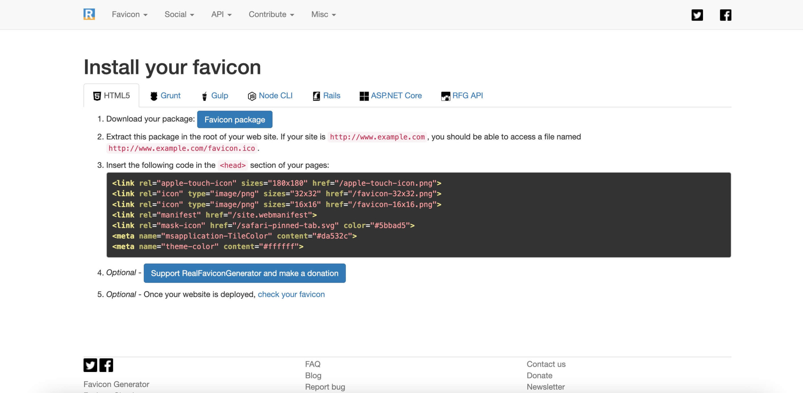 Capture d'écran montrant comment obtenir votre package favicon et votre code HTML à partir du site Web RealFaviconGenerator