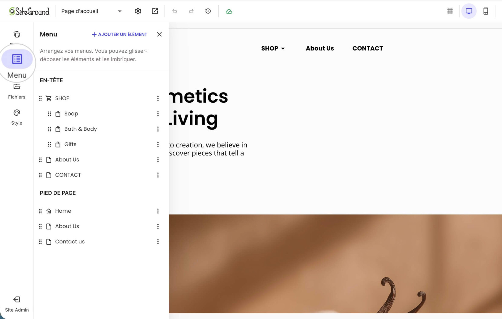 Onglet Menus dans Website Builder où vous pouvez gérer les menus de navigation