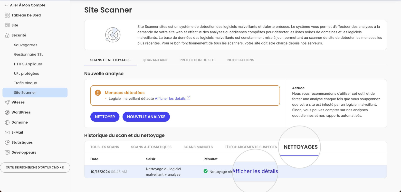 Onglet Nettoyages dans Site Scanner 