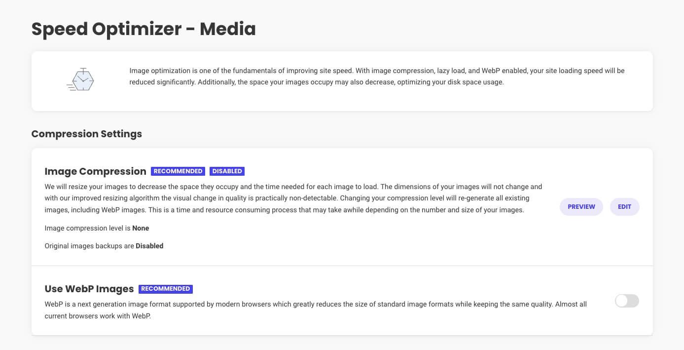 Capture d'écran montrant les options de compression d'image dans le plugin Speed Optimizer