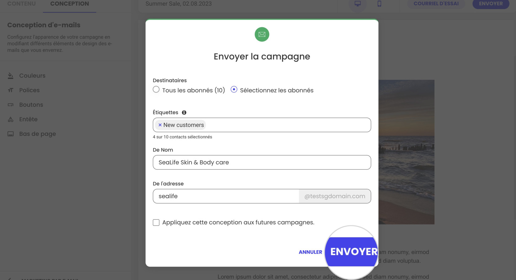 Capture d'écran montrant les options d'envoi d'une campagne par e-mail avec Email Marketing