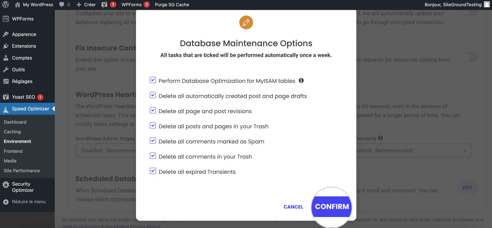 Capture d'écran des options d'optimisation de base de données que vous pouvez sélectionner avec SG Optimizer pour éviter l'erreur d'extension MySQL manquante