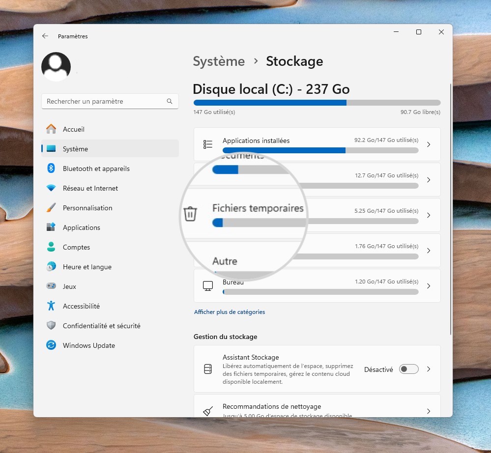 Options de fichier pour le Stockage sous Windows