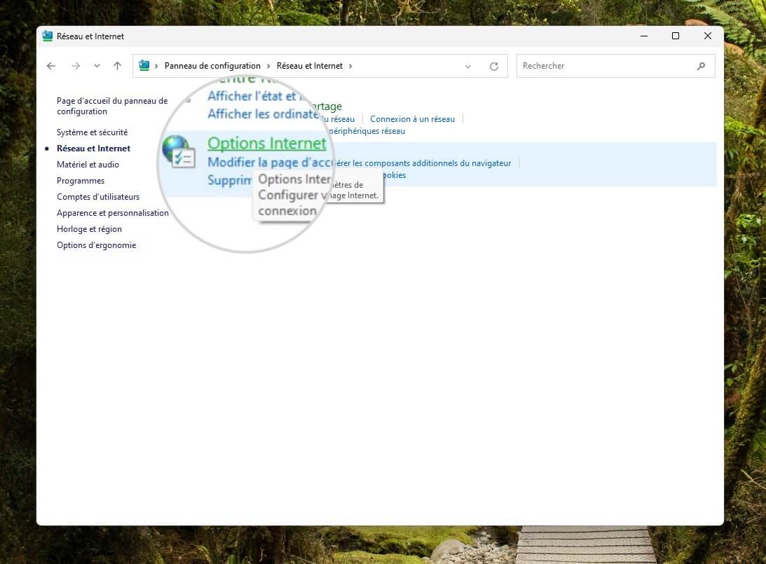 Ouvrir les options Internet sous Windows pour gérer les certificats SSL