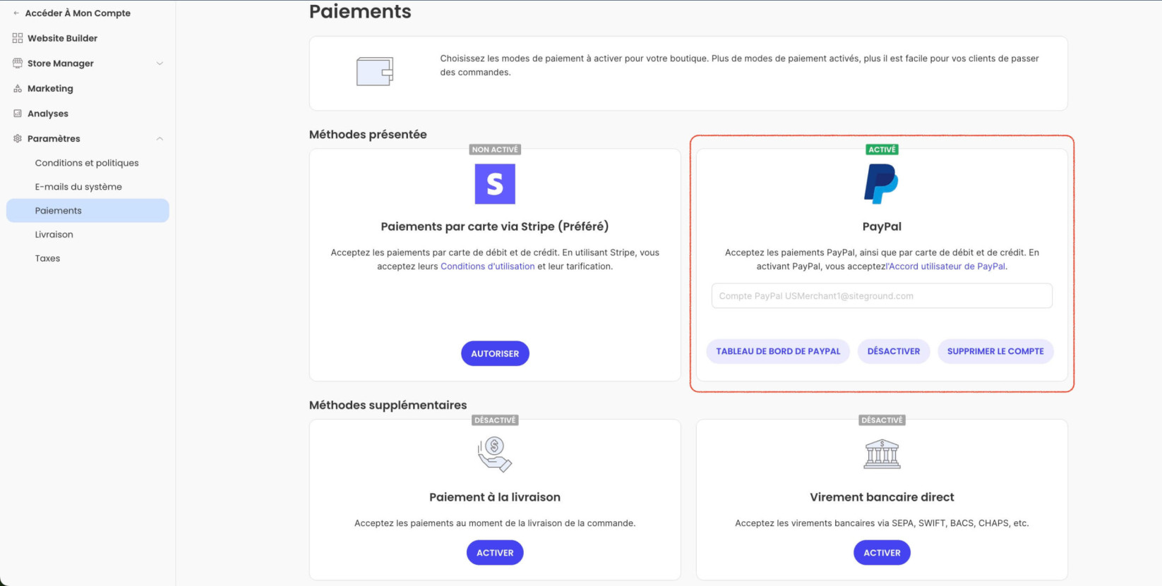 Options de gestion du paiement PayPal dans SiteGround Ecommerce