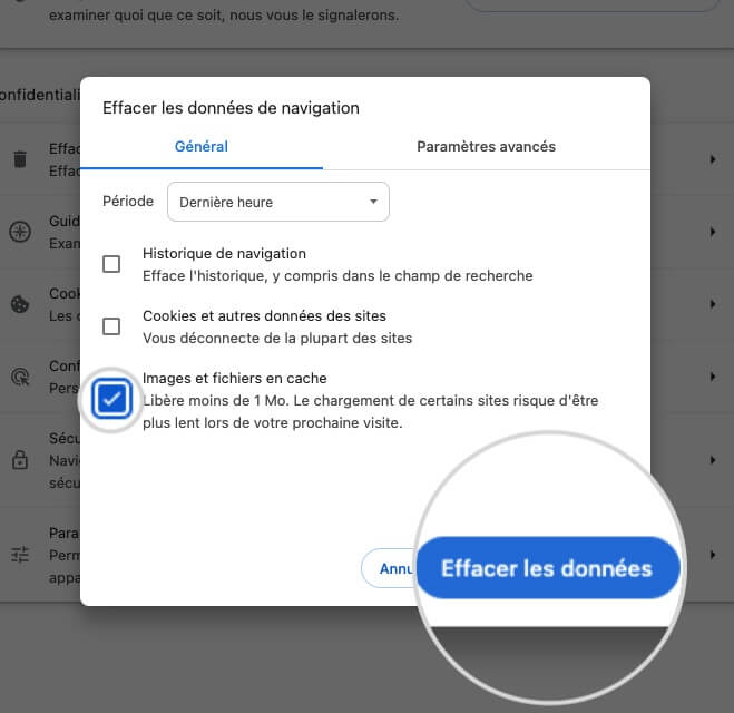 Options pour effacer les données de navigation dans Google Chrome