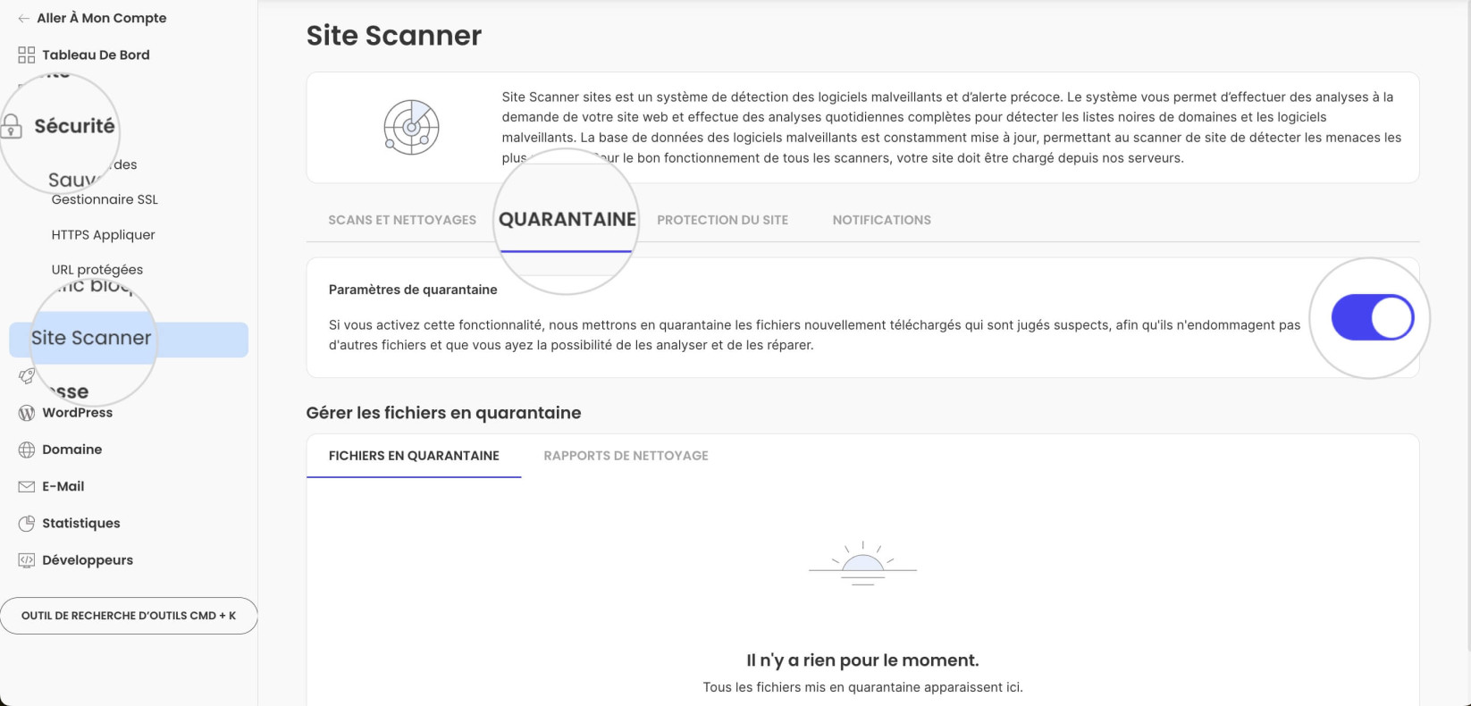 Options de quarantaine pour Site Scanner 