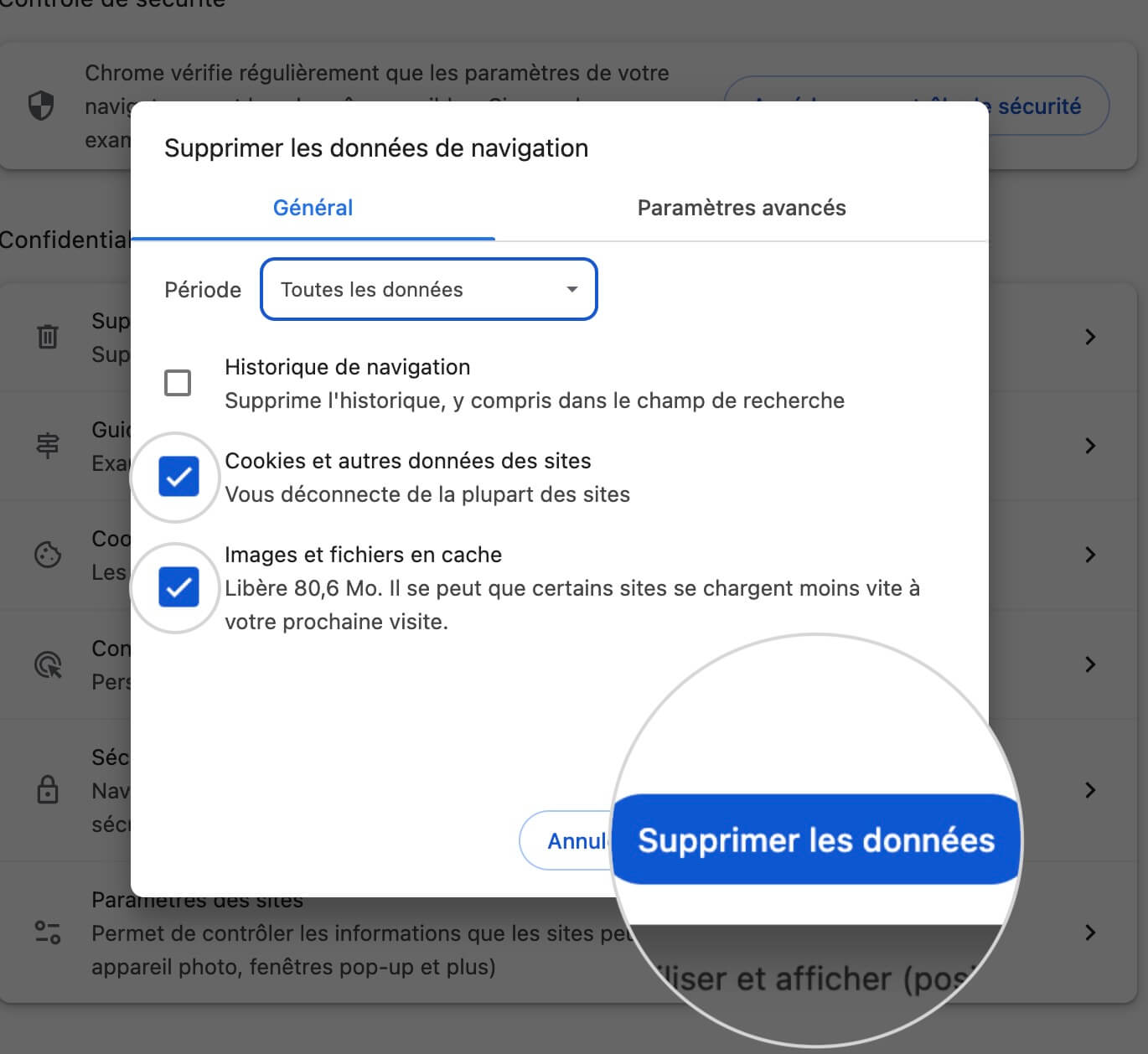 Options de suppression des données de navigation dans Chrome