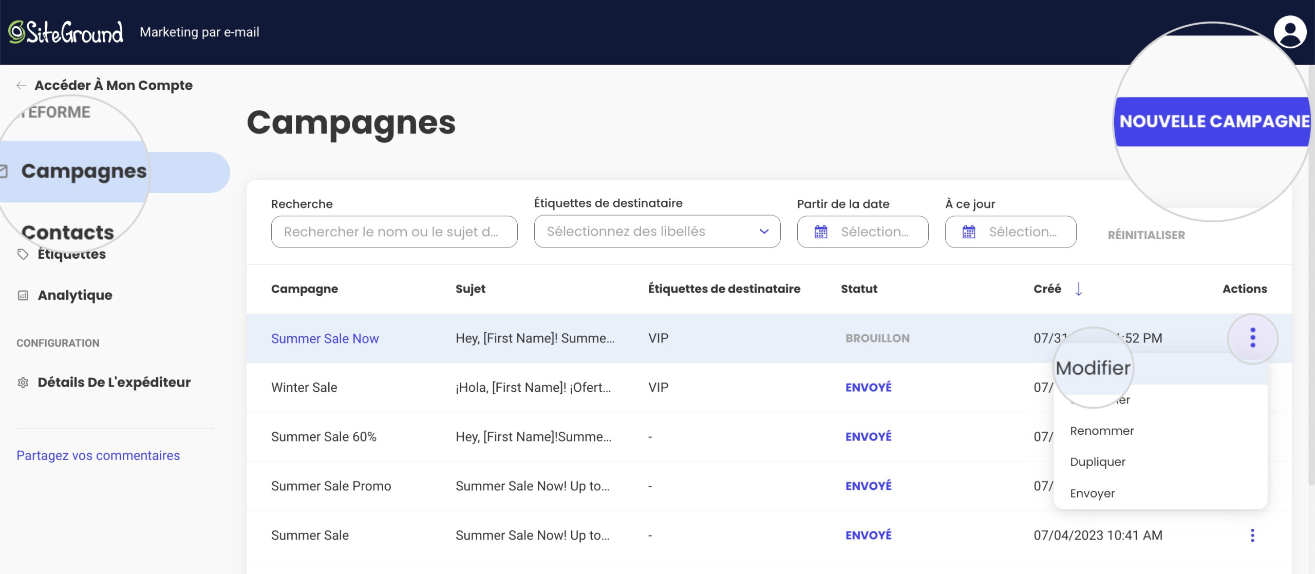 Capture d’écran du bouton Créer une nouvelle campagne pour accéder au générateur d’e-mails de SiteGround Email Marketing