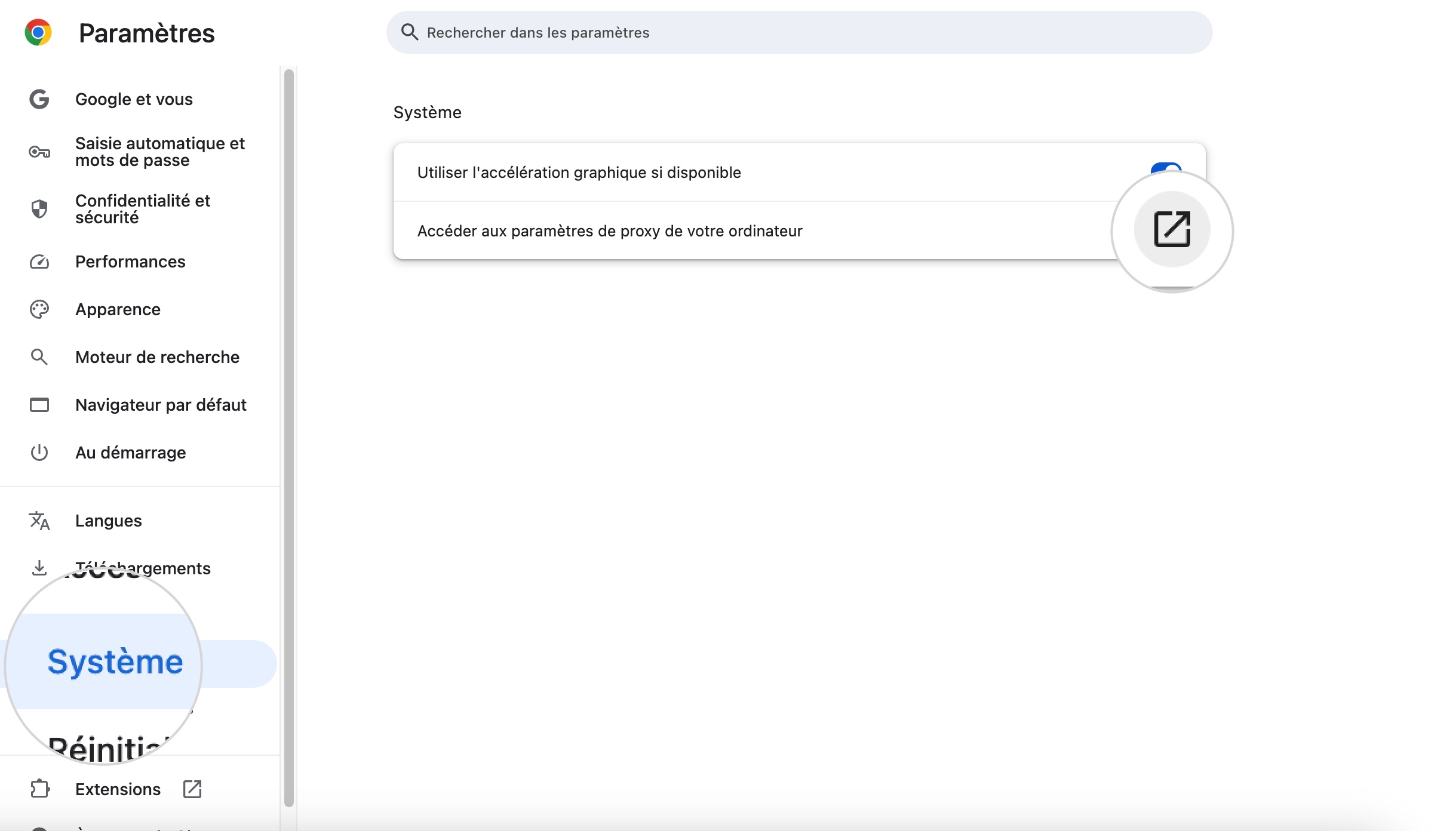 Capture d'écran montrant comment charger les paramètres proxy sur votre ordinateur à partir de la page Paramètres de Google Chrome