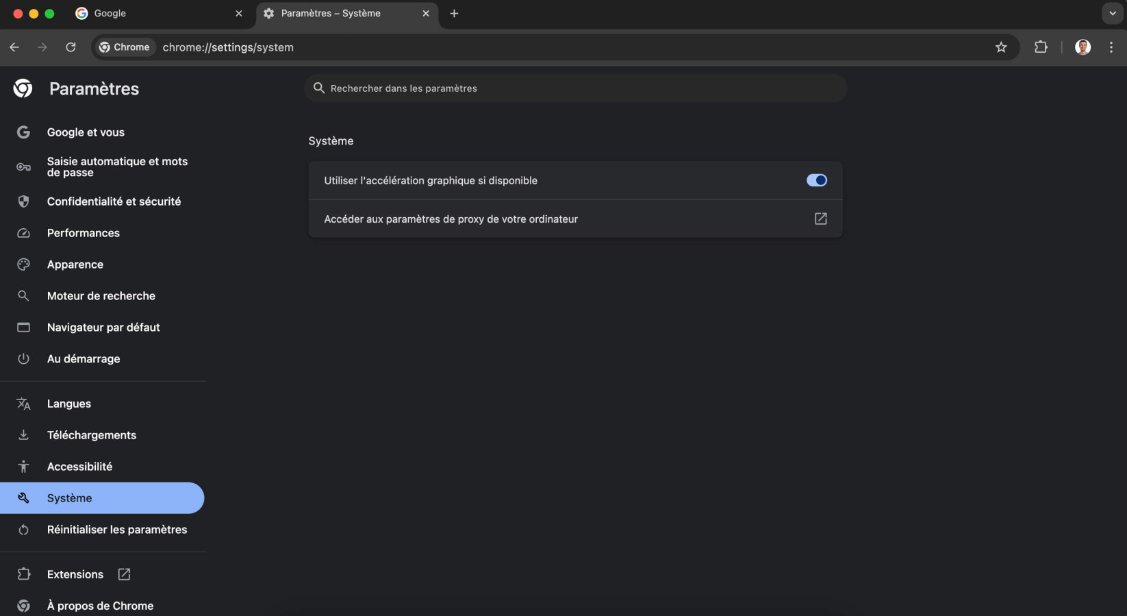 Capture d’écran des paramètres de Google Chrome et de l’option pour ouvrir les paramètres proxy de votre ordinateur.