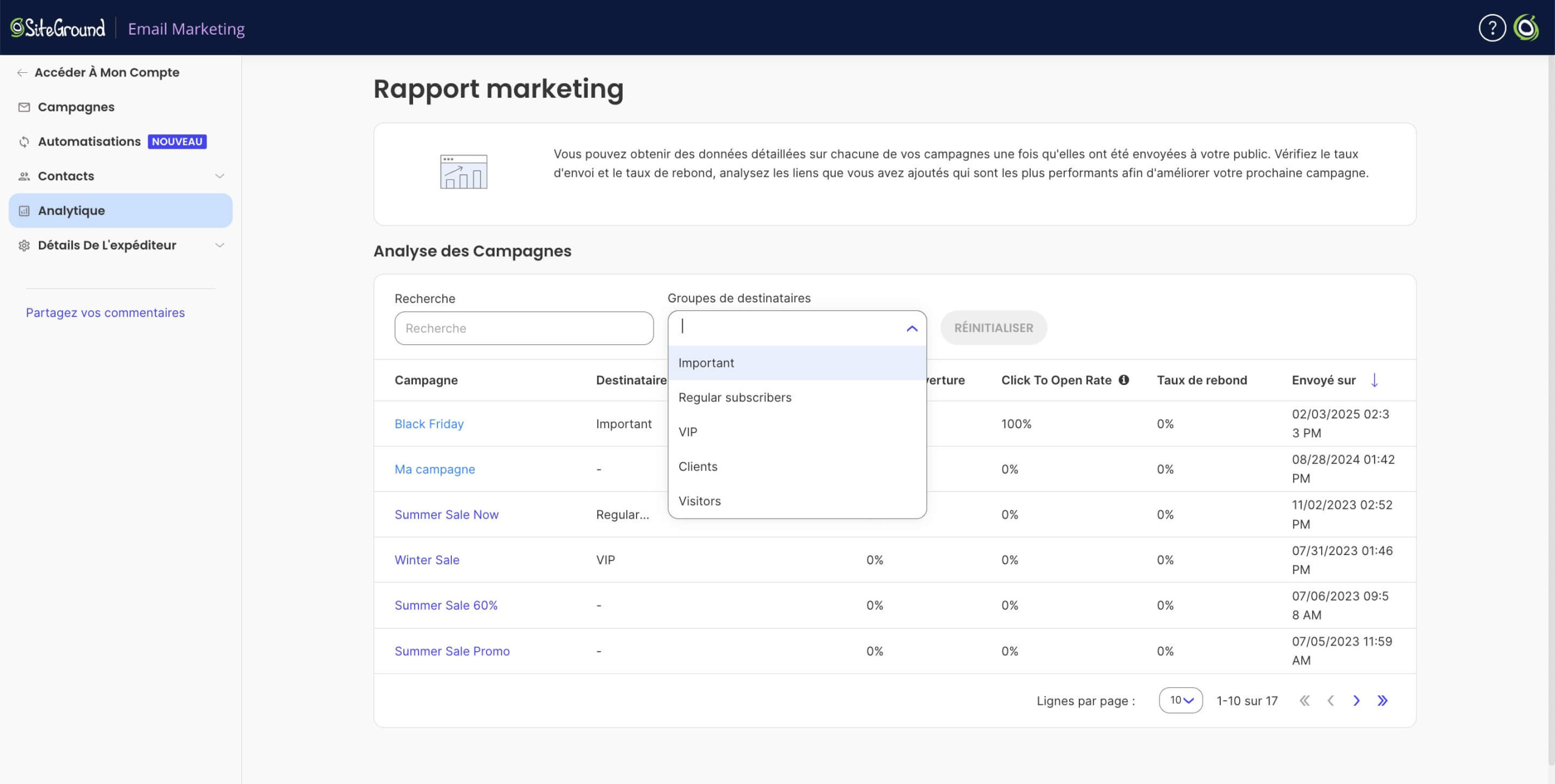 Page d’analyse de SiteGround Email Marketing