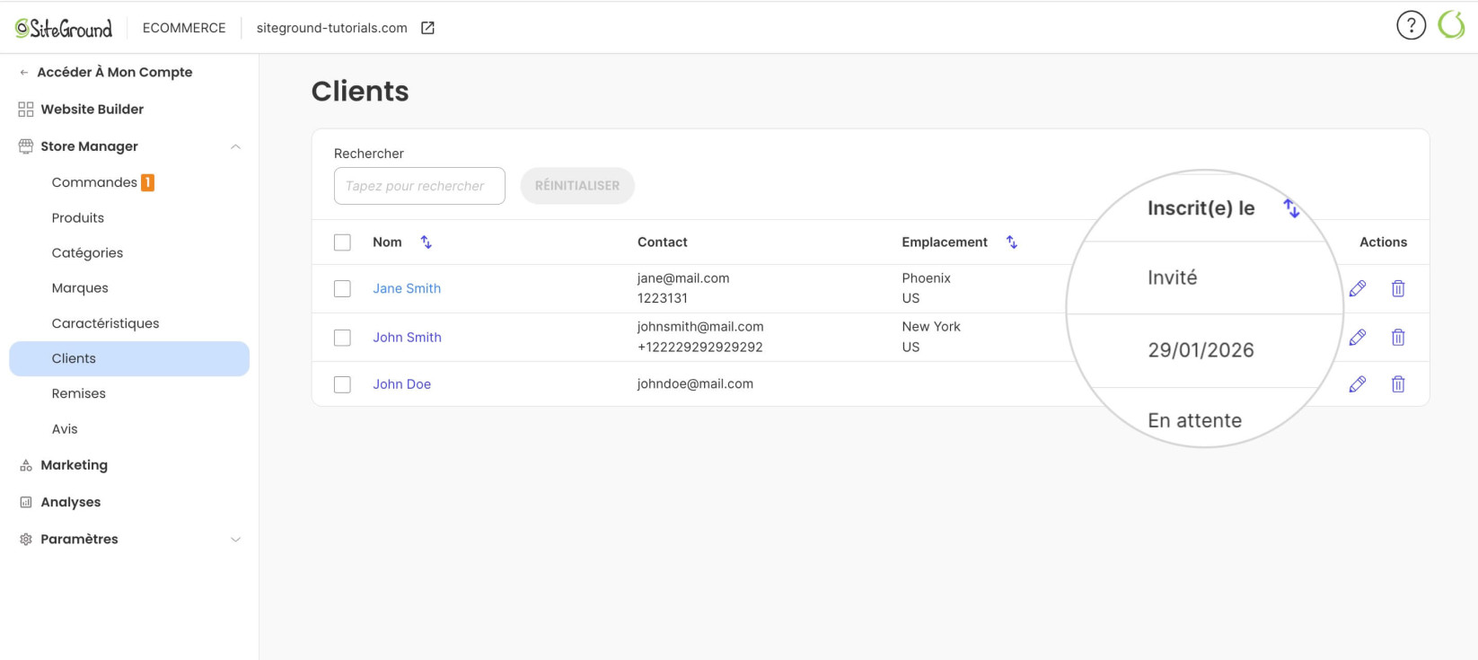 Page des clients du gestionnaire de magasin dans l'admin e-commerce de SiteGround, listant les noms des clients, les coordonnées, les emplacements, le statut d'inscription et les actions.