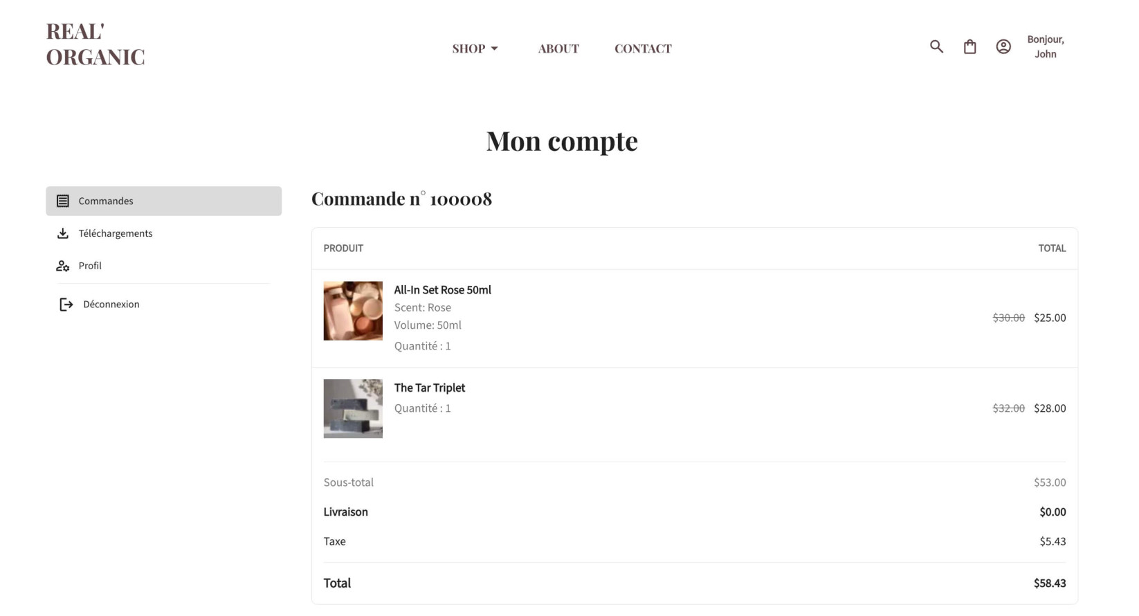 Page de détails de commande unique dans le compte client montrant les produits achetés, les quantités, les prix et les totaux de la commande.