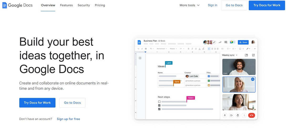Page d'accueil de Google Docs