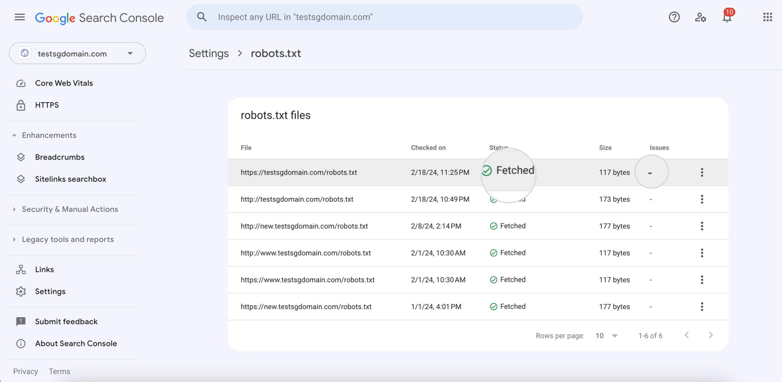 Page de rapports de la console de recherche Google affichant l'analyse WordPress robots.txt.